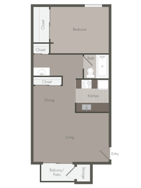 Floor plan for 1 bed, 1 bath, 672 sqft